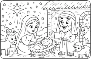 Página 1 do livro de colorir infantil grátis: ilustração bíblica para colorir